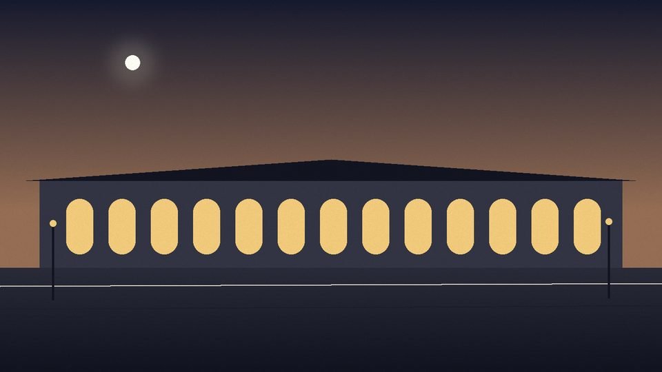 La tribuna histórica del hipódromo iluminada